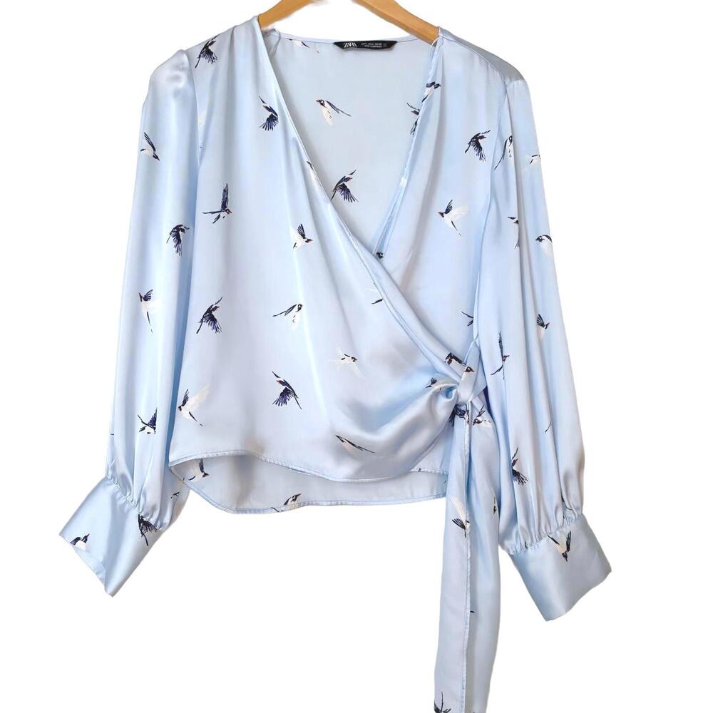 Zara women's small Light Blue V-neck Blouse, Satin effect, Long sleeve side wrap